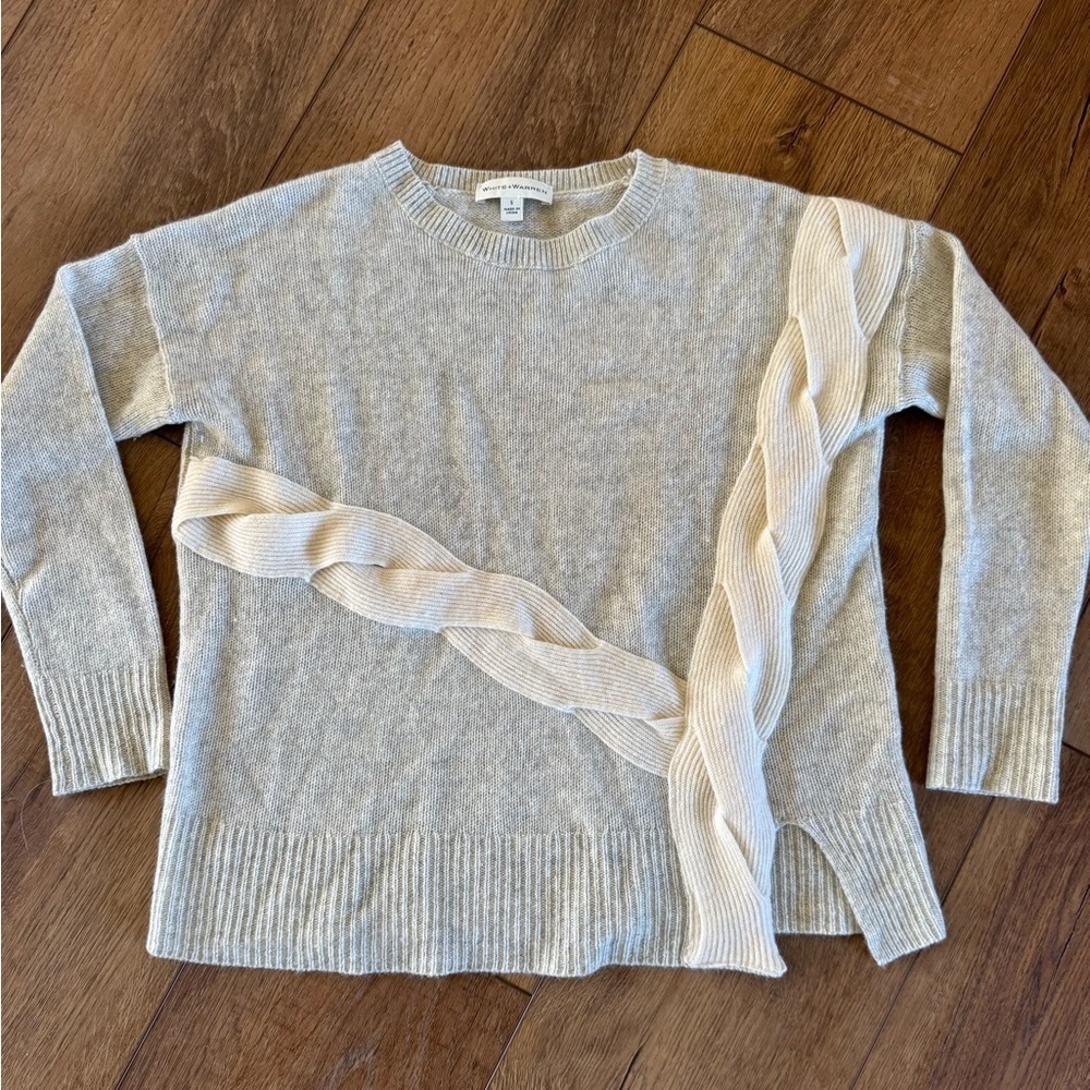 White + Warren Gray and Cream Crew Neck Sweater Braid Detail Cashmere / small